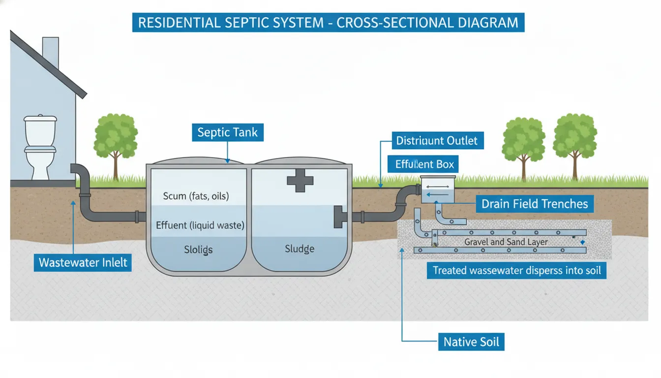 Cross-section diagram of a residential septic system showing septic tank, pipes, and drain field