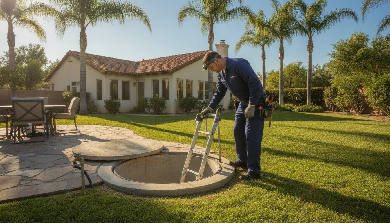 Licensed plumber inspecting a septic tank lid in a Riverside County residential backyard
