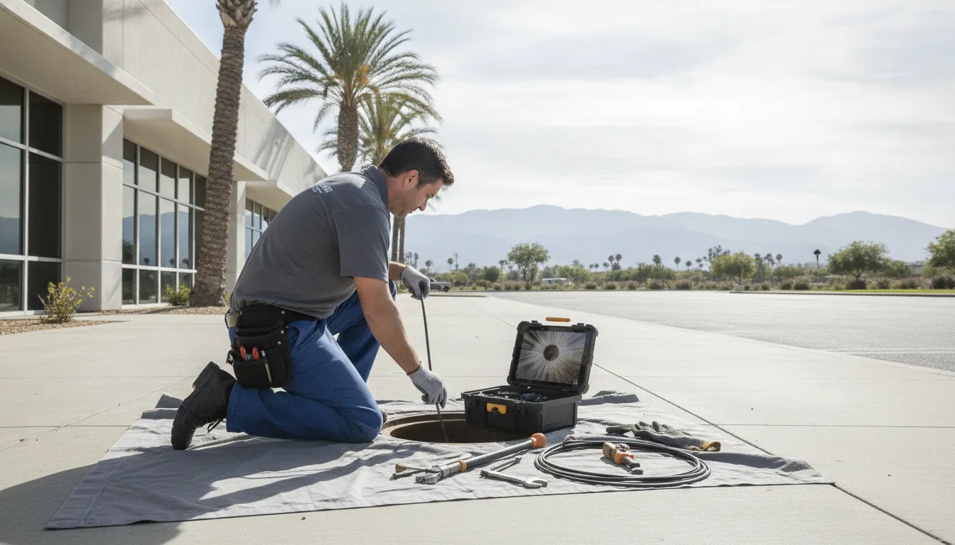 Commercial plumber performing a sewer-camera inspection for preventive maintenance