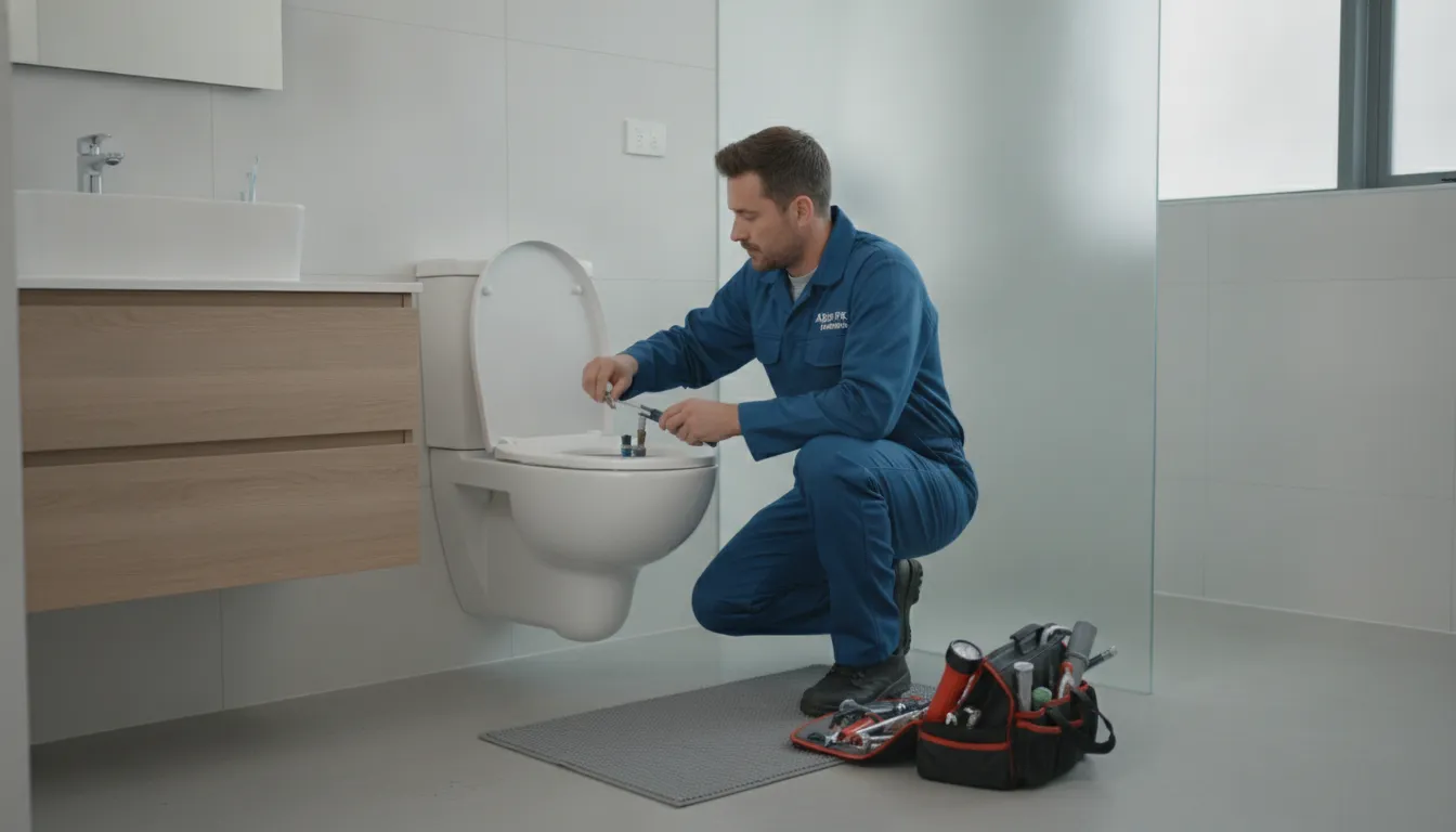 Professional plumber inspecting a toilet tank in a modern bathroom with tools nearby