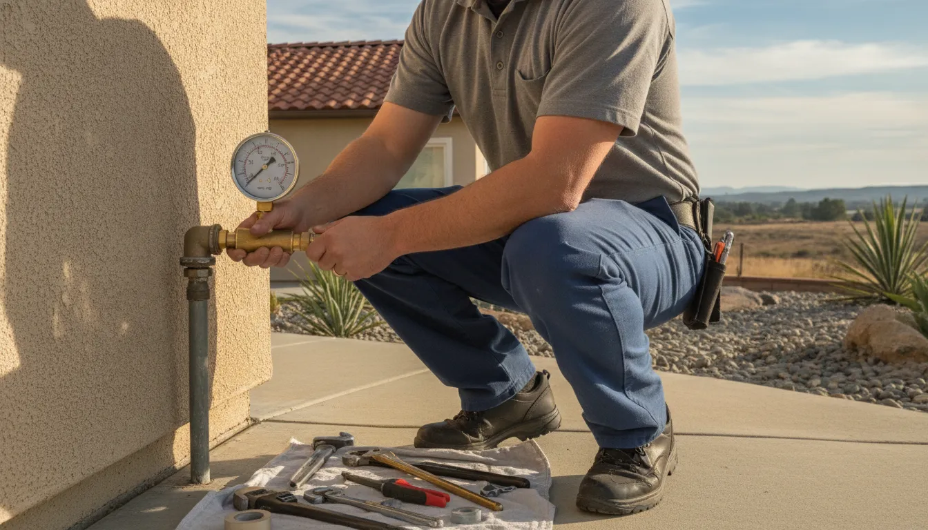 Plumber using a gauge to test residential water pressure