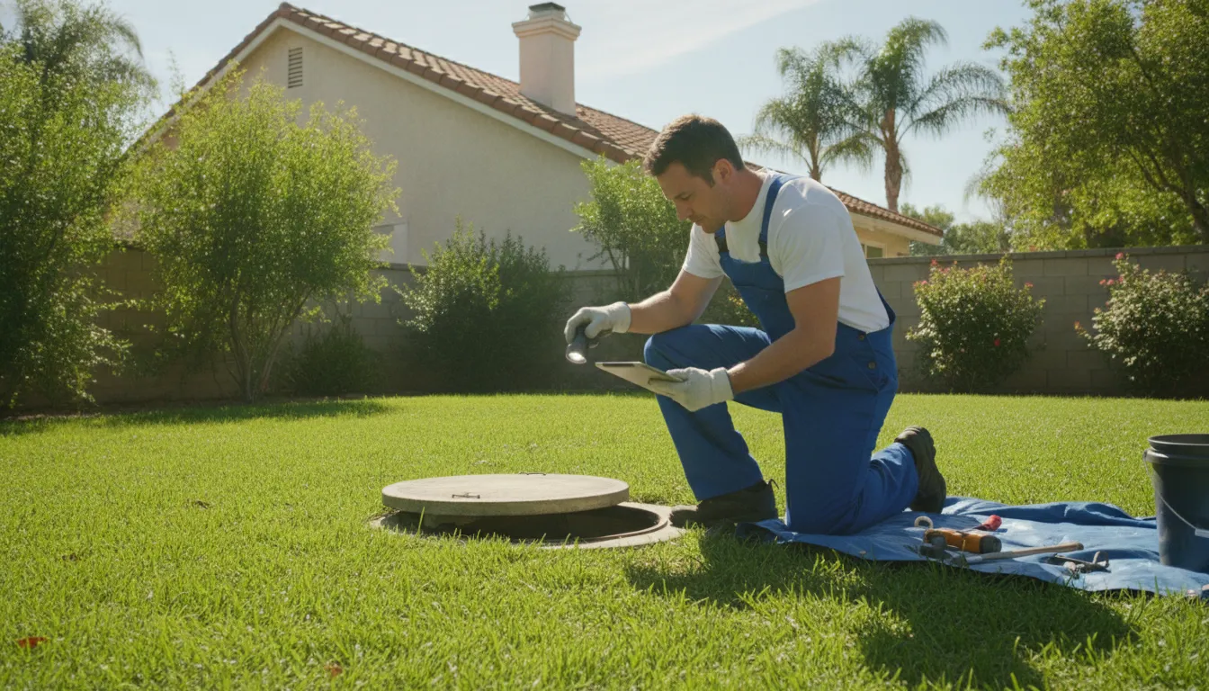 Professional plumber inspecting a septic tank access port in a Riverside County residential backyard