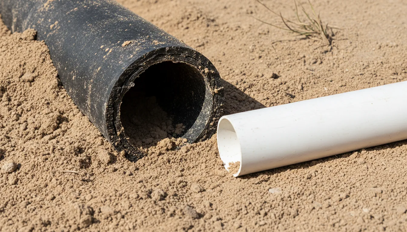 Deteriorated Orangeburg sewer pipe beside modern PVC replacement pipe