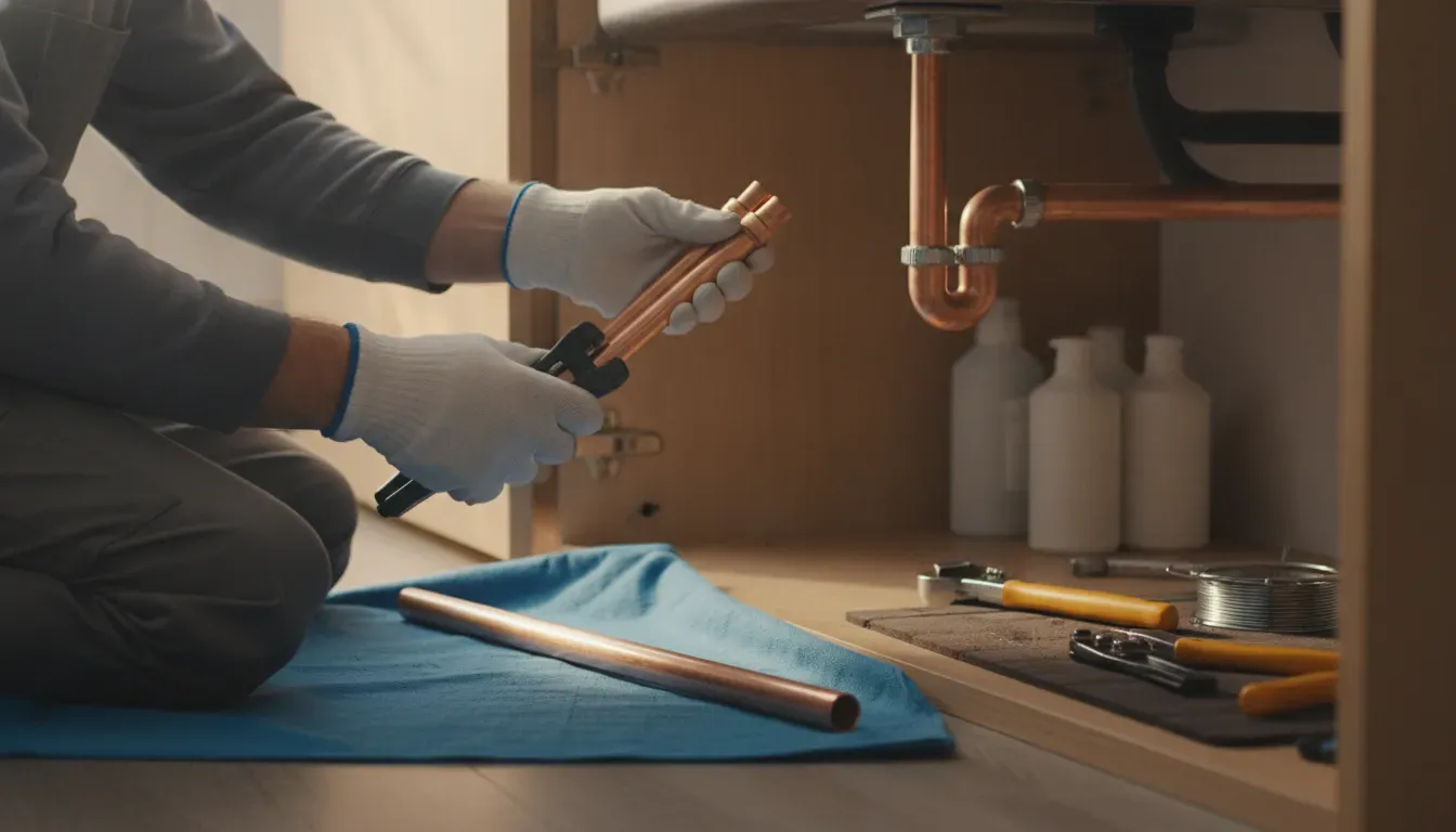 Plumber preparing a copper pipe section for replacement beneath a residential sink