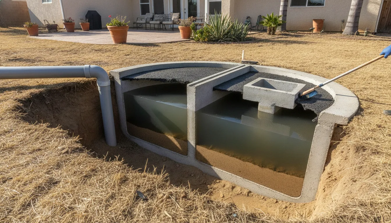 Cutaway showing inlet and outlet septic tank baffles