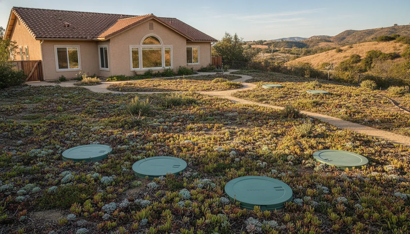 Drought-tolerant shallow-rooted landscaping near a septic drain field in Southern California