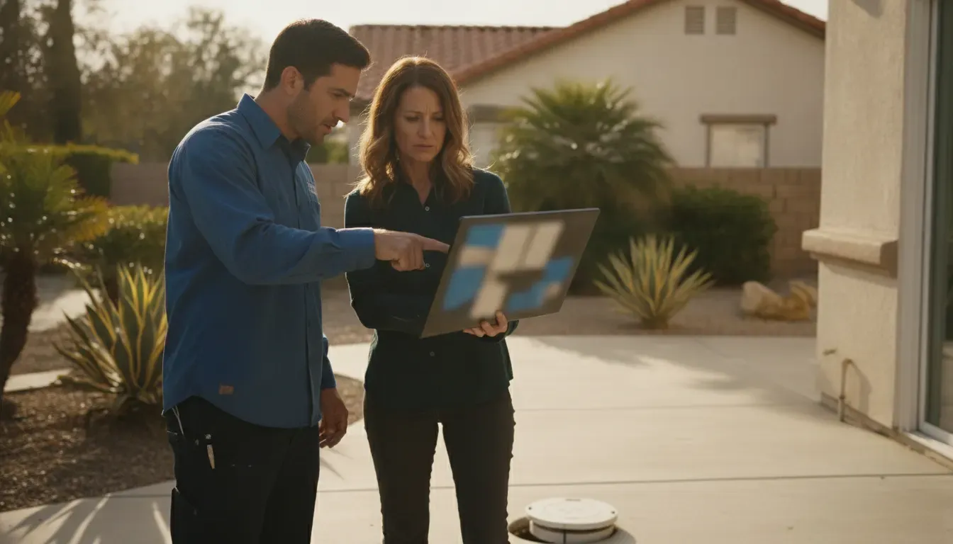 Plumber reviewing sewer camera inspection findings with a homeowner
