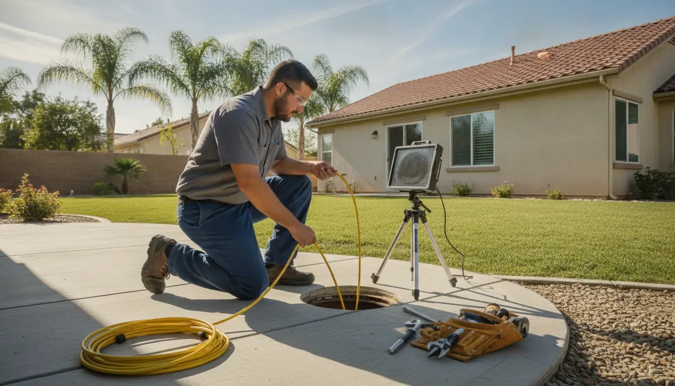 Plumber inspecting a sewer cleanout during a sewer cleaning evaluation