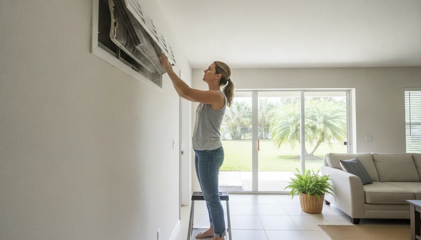 Palm Bay homeowner checking an air conditioner filter between tune-ups