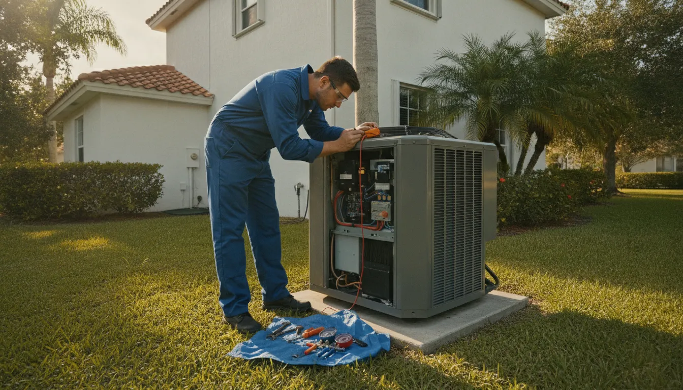 HVAC technician inspecting an AC condenser at a Palm Bay home