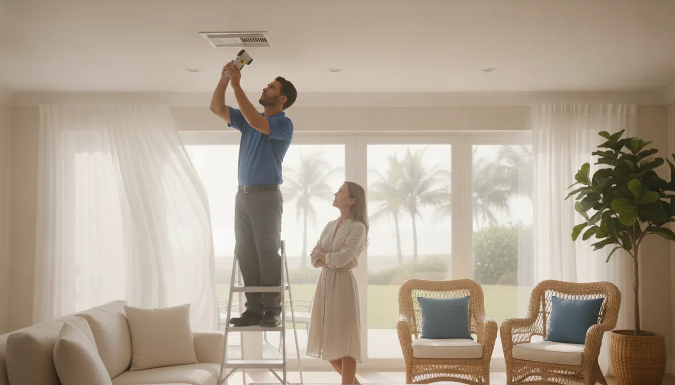 HVAC technician checking airflow inside a Florida coastal home