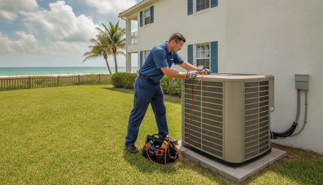 HVAC technician inspecting outdoor AC equipment at a Cape Canaveral coastal home