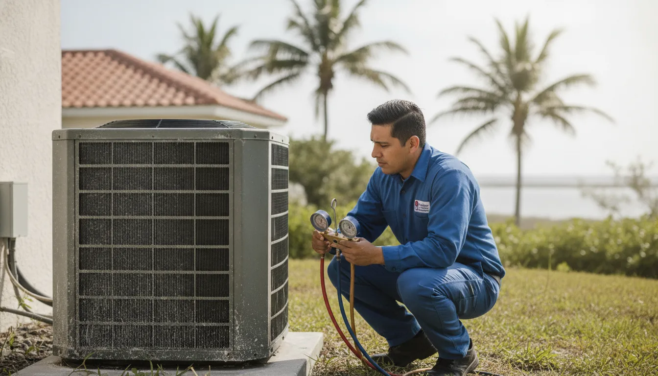 HVAC technician inspecting an outdoor AC condenser near a coastal Florida home