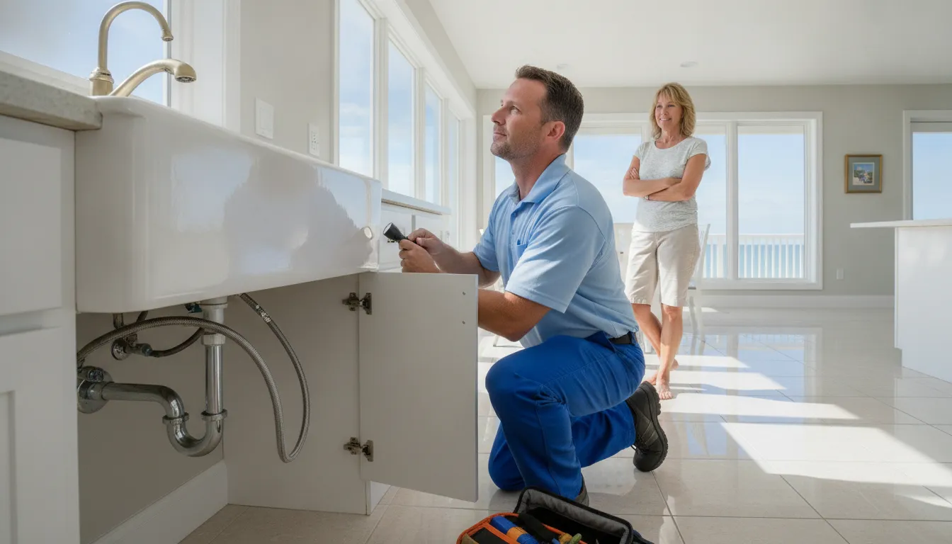 Plumber inspecting a water connection inside a Cocoa Beach coastal home