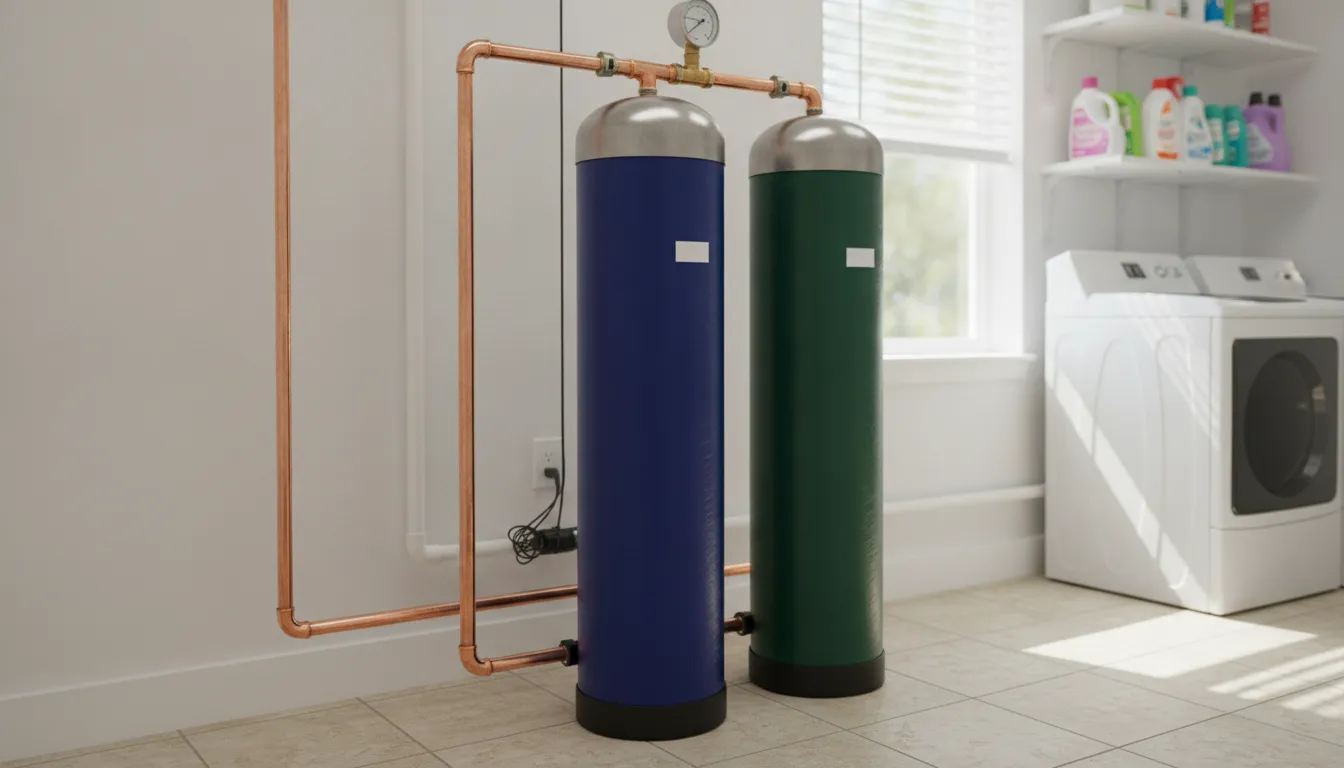 Whole-home water filtration and water softener system installed in a Florida home utility room with blue and green tanks and copper piping