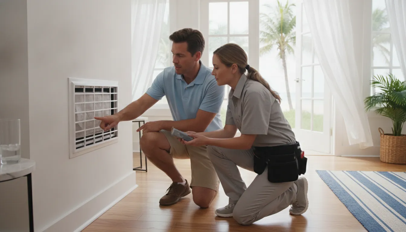 Homeowner and HVAC technician examining an air return in a Florida home