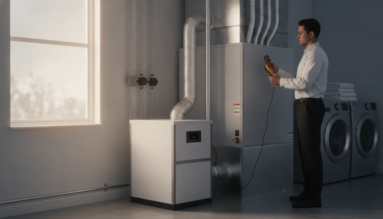 Technician checking whole-home dehumidification equipment in a Florida utility room