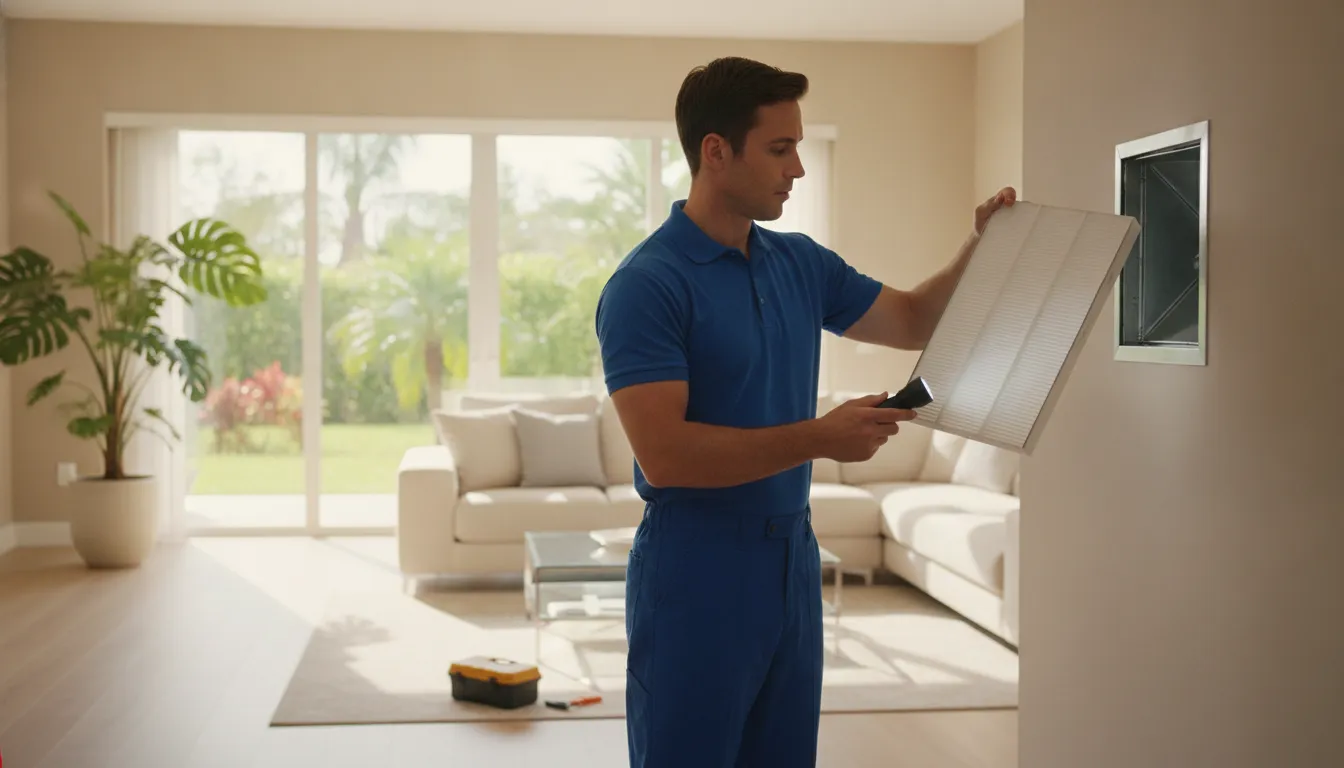 HVAC technician checking a clean air filter to help a Florida homeowner lower the electric bill from the AC