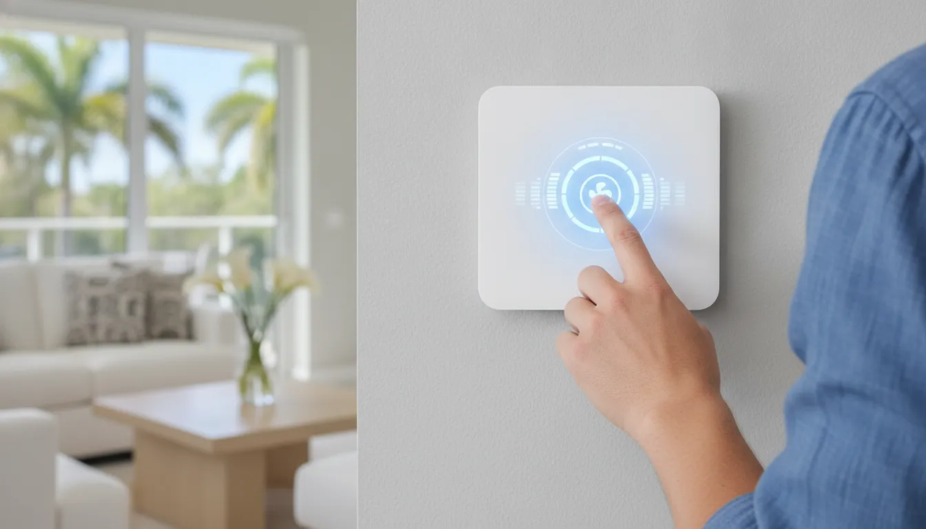 Homeowner setting a thermostat to 78 degrees in a bright Florida living room to lower the electric bill from the AC