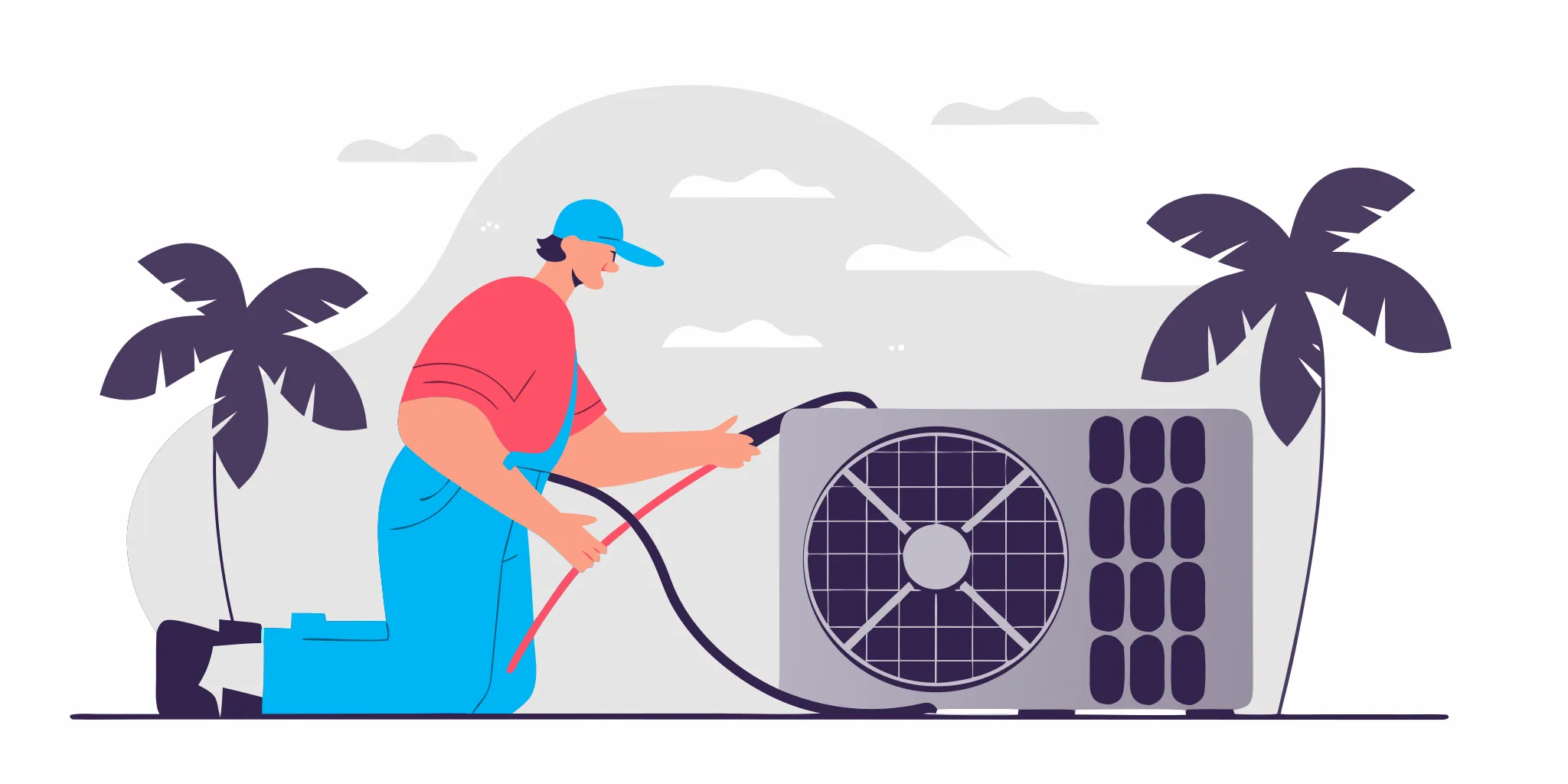 HVAC technician cleaning AC condenser coils with a hose during routine maintenance at a Florida home