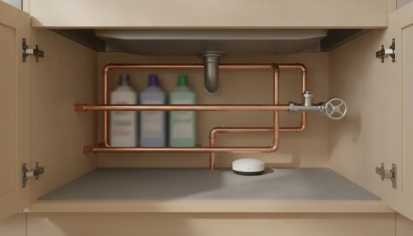 Water leak detector under a kitchen sink near plumbing connections