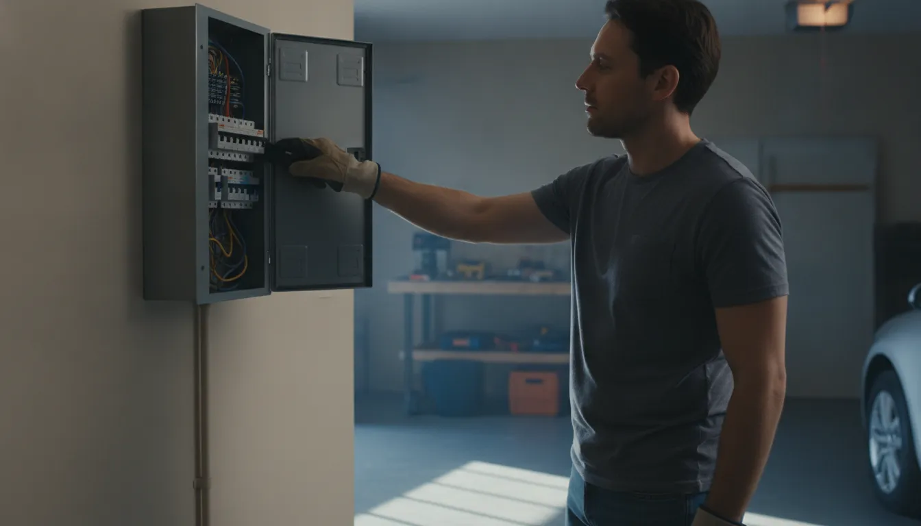 Homeowner resetting the AC circuit breaker inside a residential electrical panel after a storm