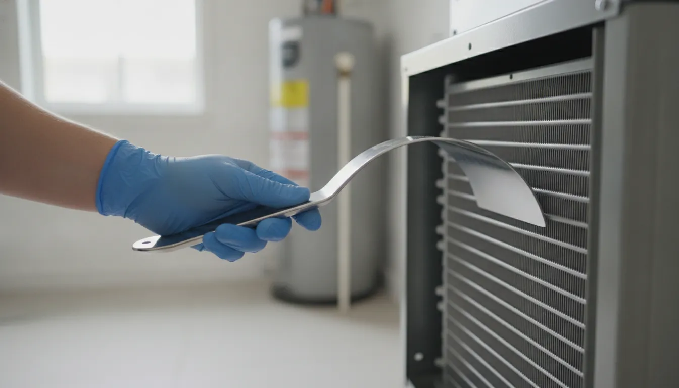Technician using a safe inspection method on the evaporator coil inside an AC air handler