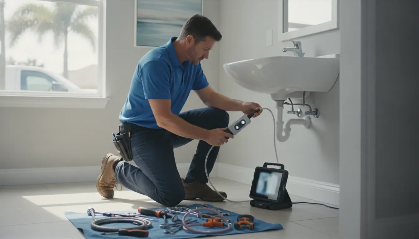 Plumber using a drain inspection camera in a Melbourne Florida home