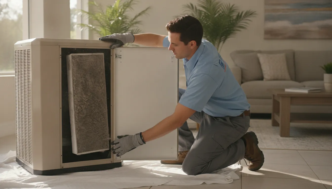 HVAC technician inspecting a dirty air filter inside a home AC air handler