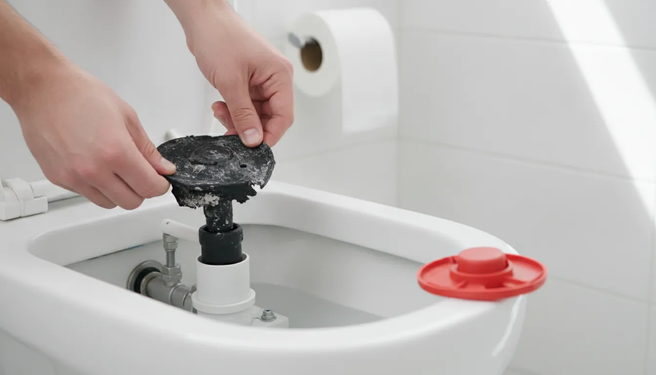 Homeowner inspecting the worn rubber flapper inside an open toilet tank