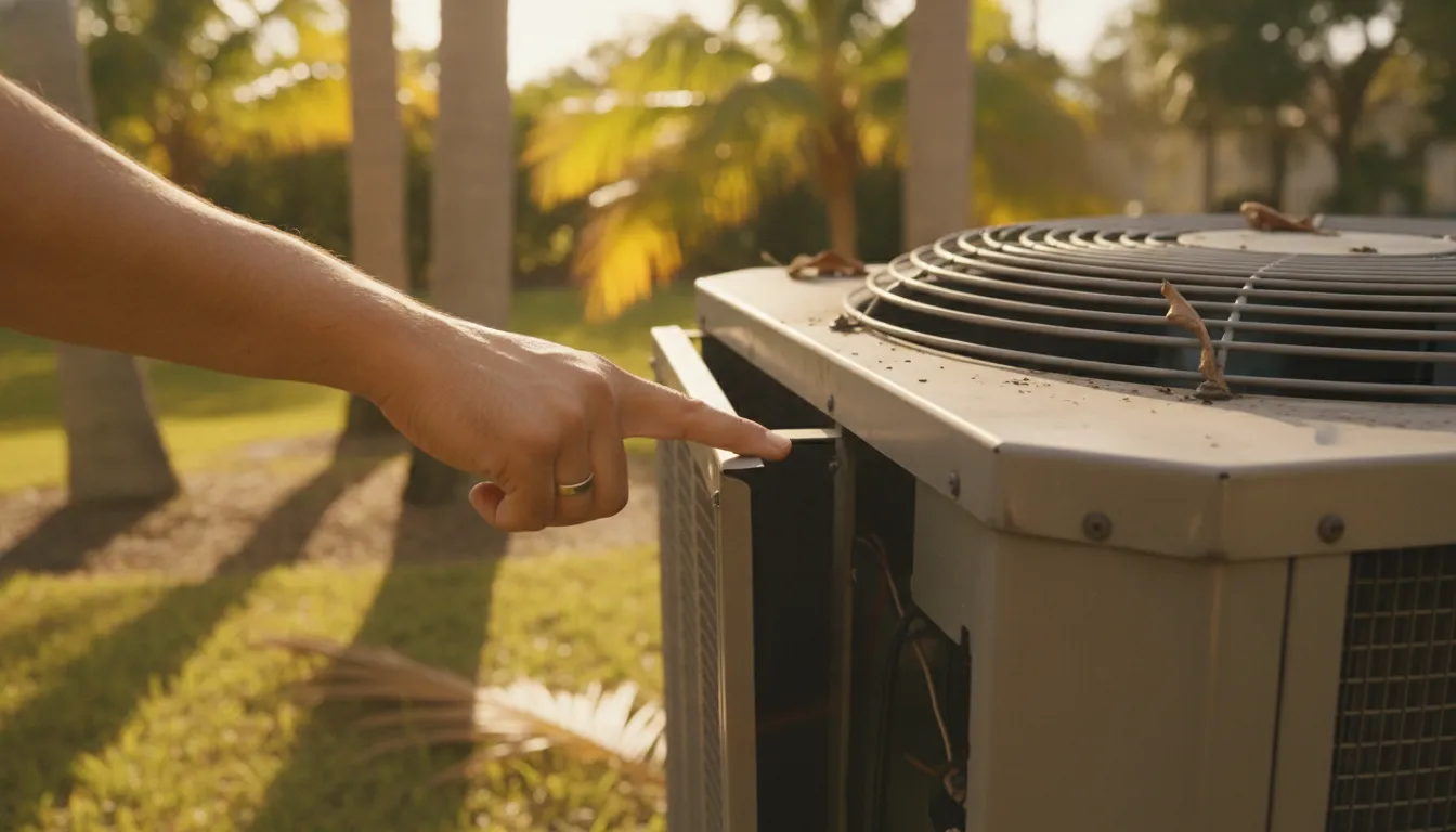 Close-up of a homeowner's hand pointing at the side panel of a noisy outdoor air conditioner condenser in a Florida backyard