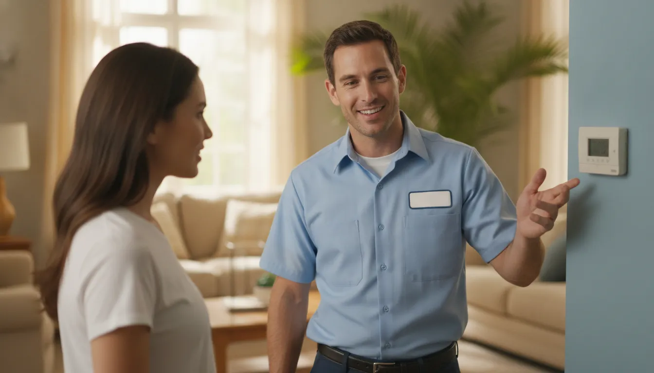 HVAC technician guiding a homeowner at the wall thermostat during a Florida heating check