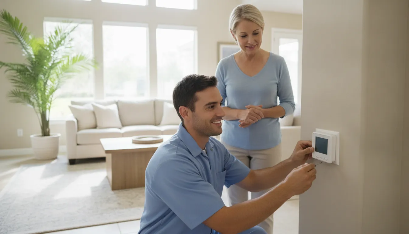 HVAC technician checking a home thermostat during a service visit in a bright Florida living room