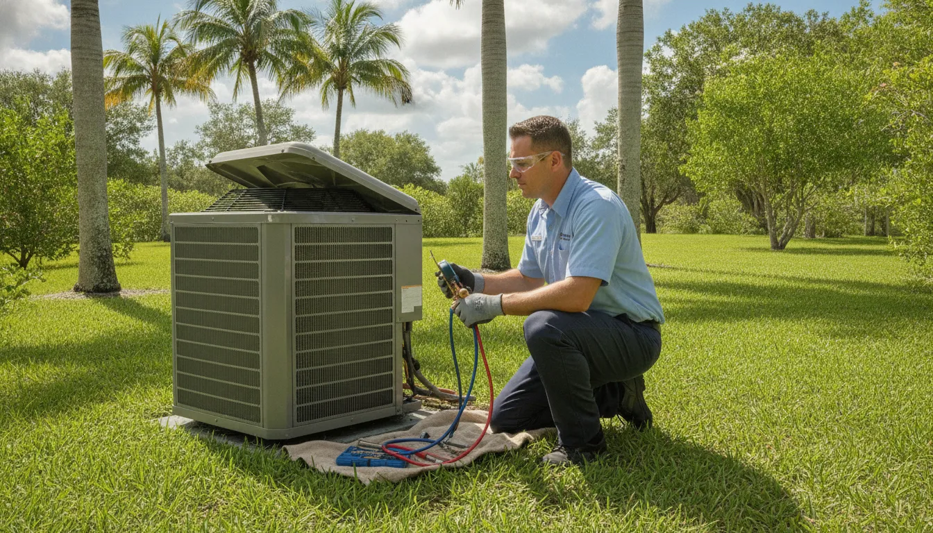HVAC technician performing a seasonal tune-up on a home air conditioning unit in a Florida backyard