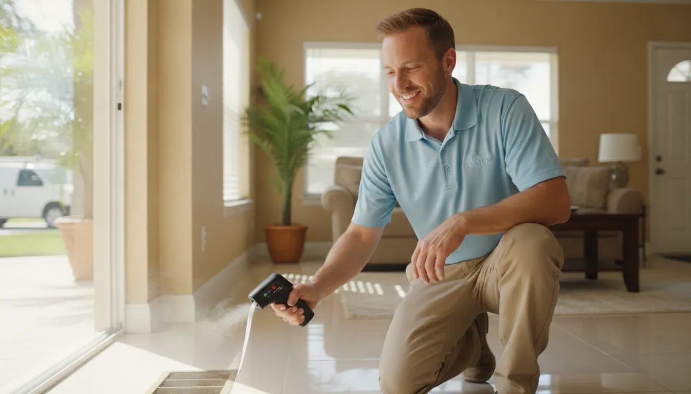 Technician checking warm airflow from a floor vent in a Florida home