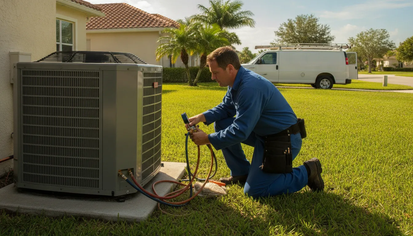 HVAC technician inspecting an air conditioning unit outside a Florida home