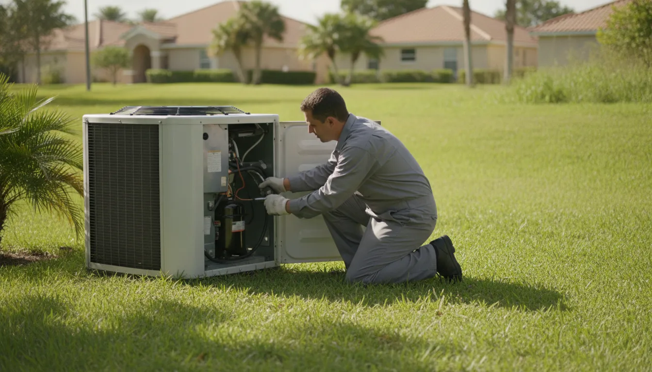 HVAC technician inspecting the compressor inside an outdoor condenser unit beside a Florida home