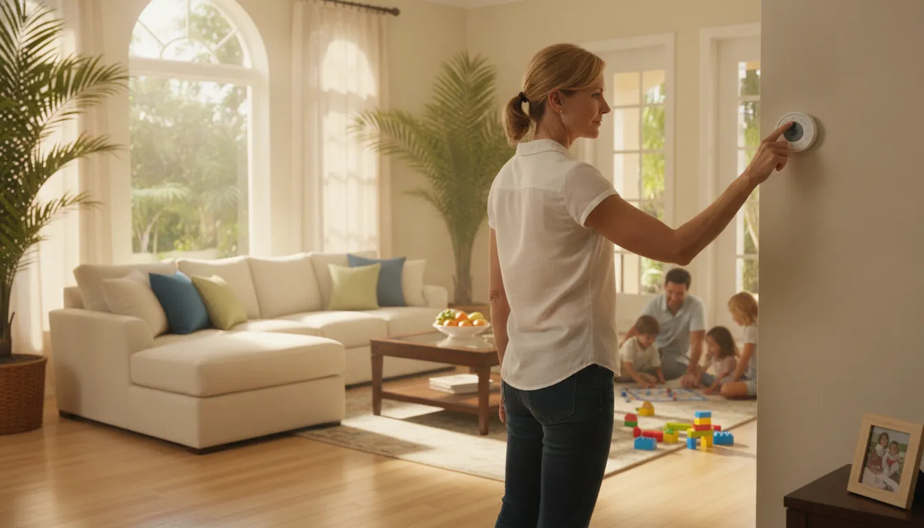 Florida homeowner checking a thermostat in a bright living room