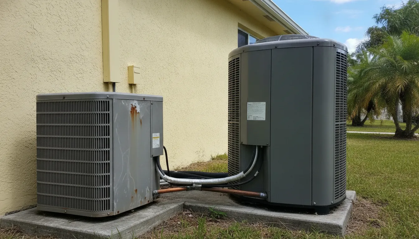 Older and newer AC condenser units side by side showing the repair versus replacement choice