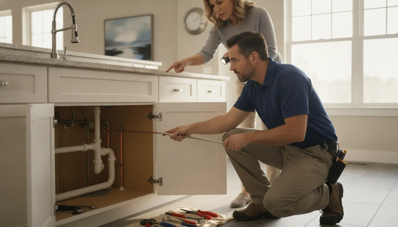 Plumber inspecting residential plumbing under a Rockledge home sink