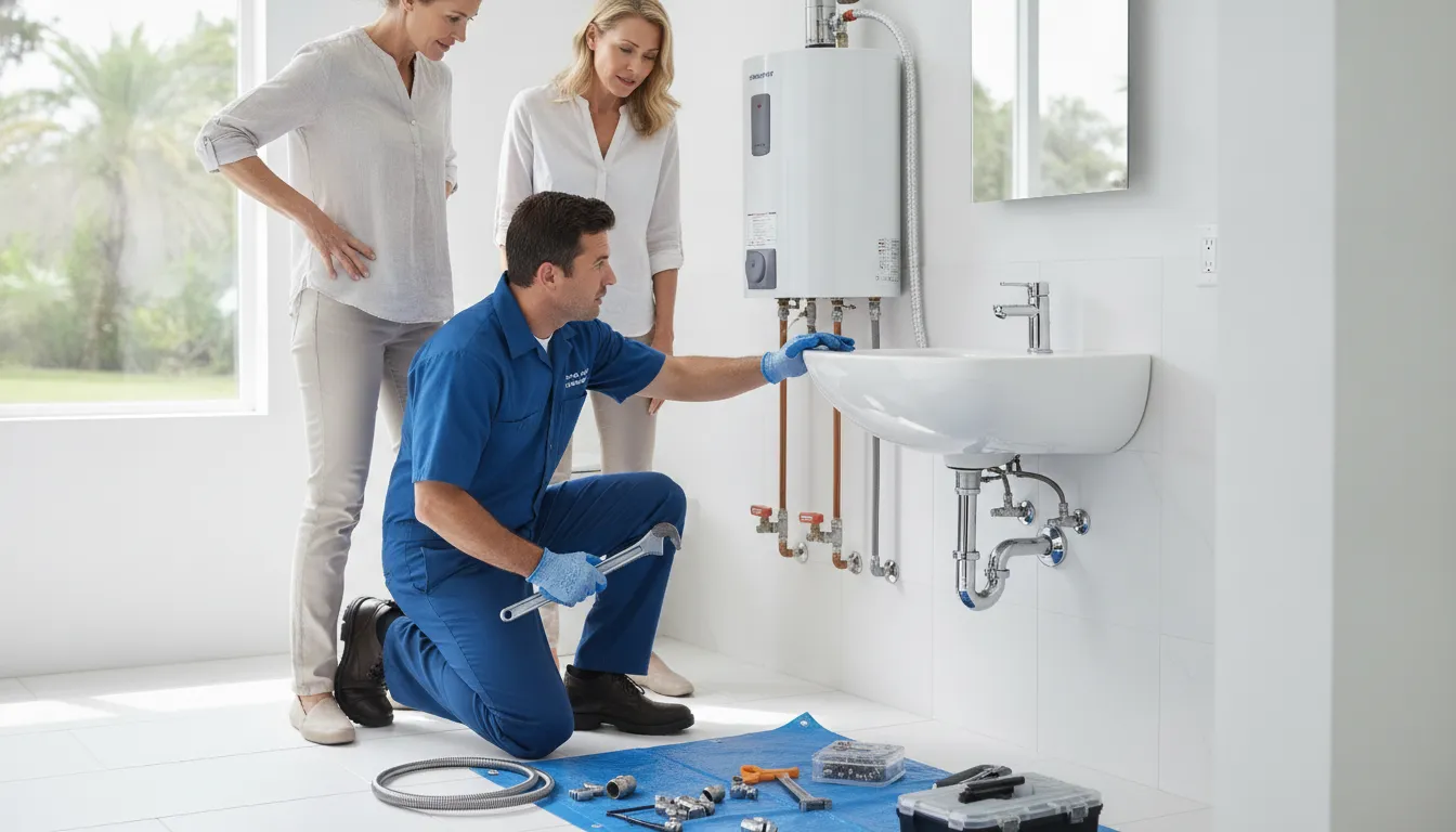 Plumber diagnosing residential plumbing connections beneath a sink