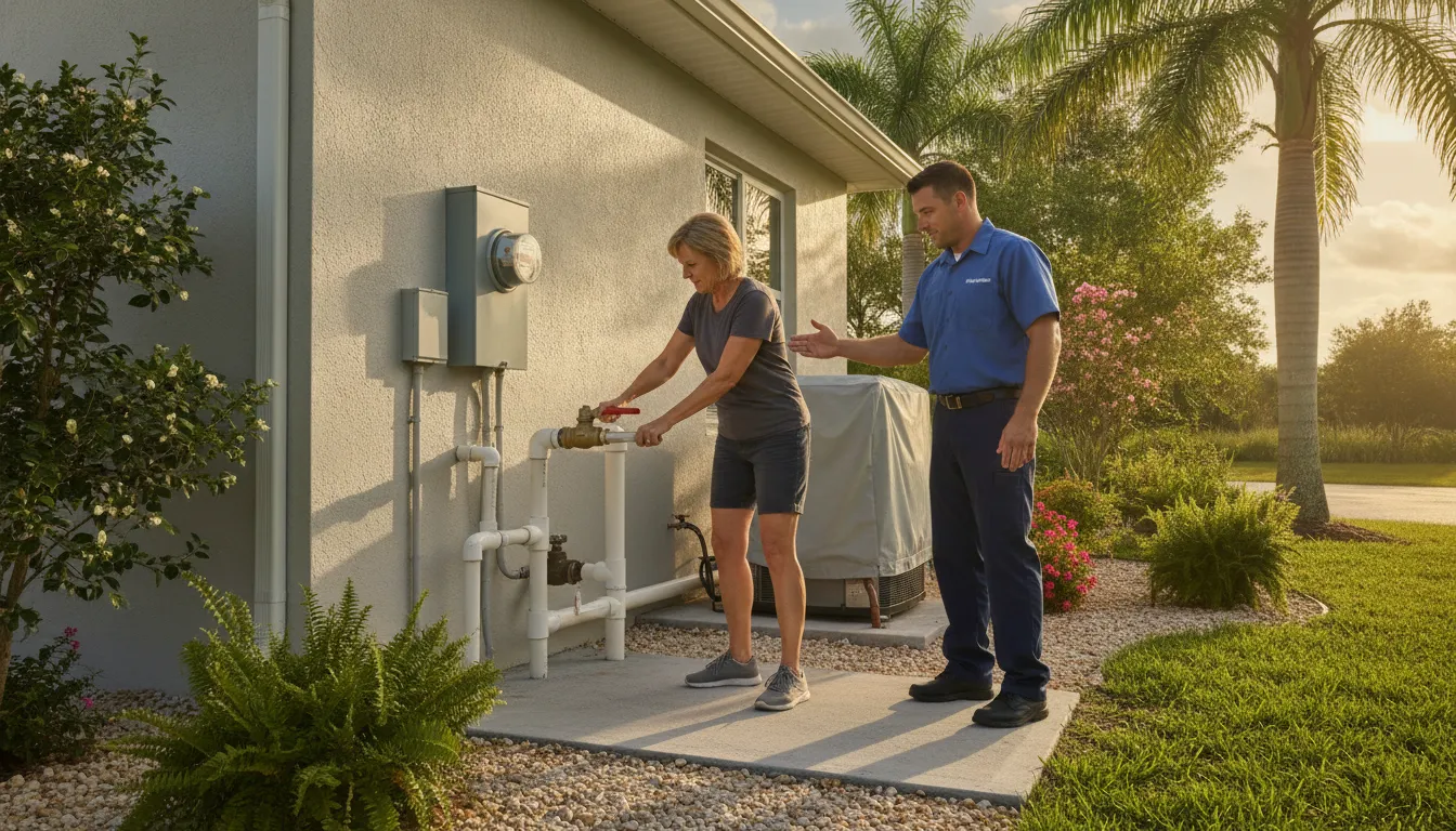 Homeowner locating a main water shutoff valve during a plumbing emergency
