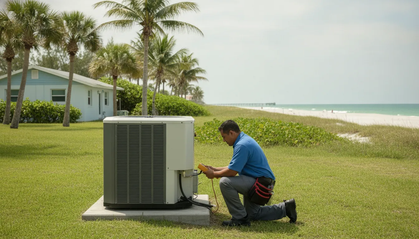 Outdoor HVAC equipment inspected beside a coastal Satellite Beach home