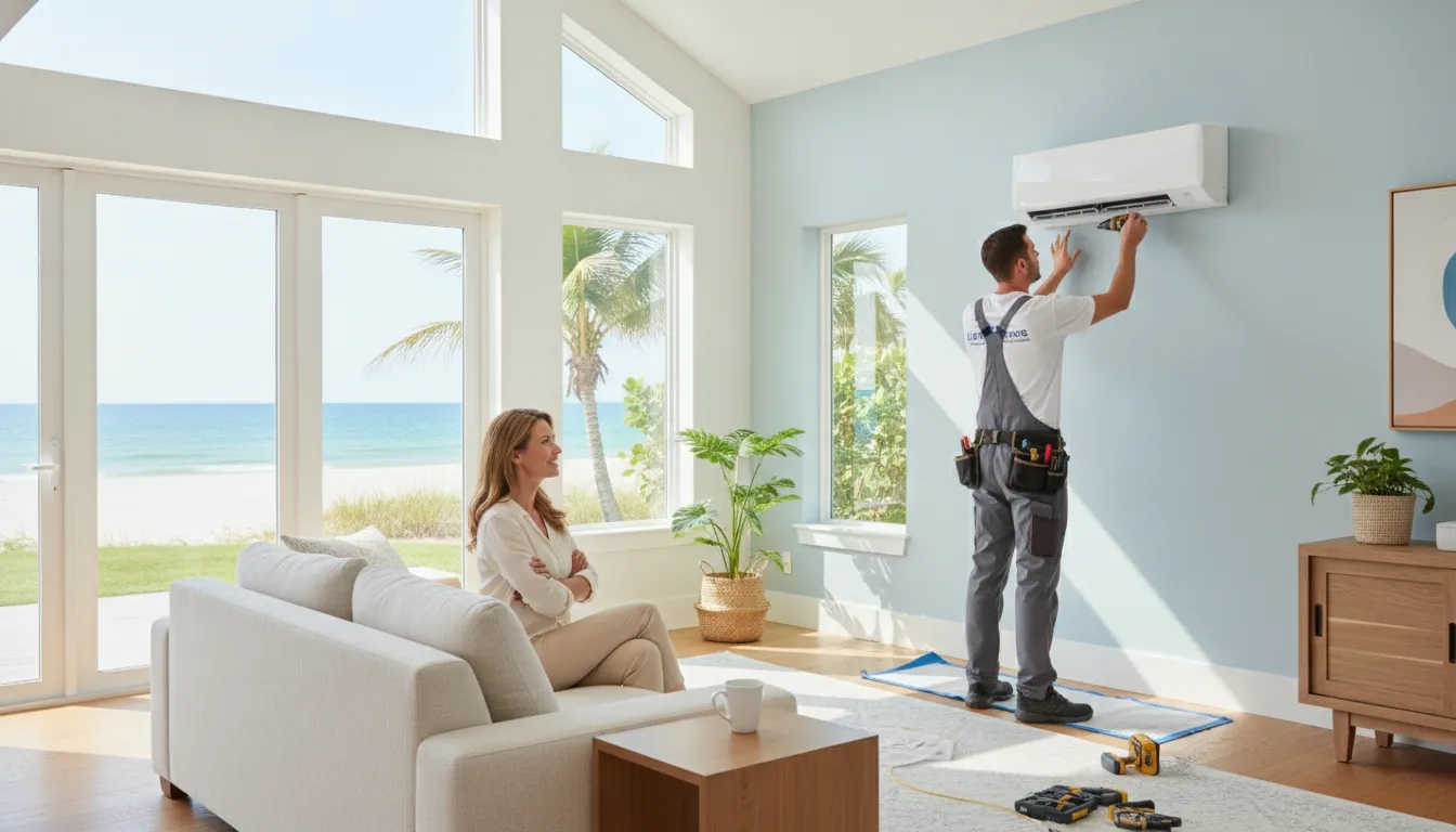 Technician installing a ductless HVAC system in a bright coastal Florida home