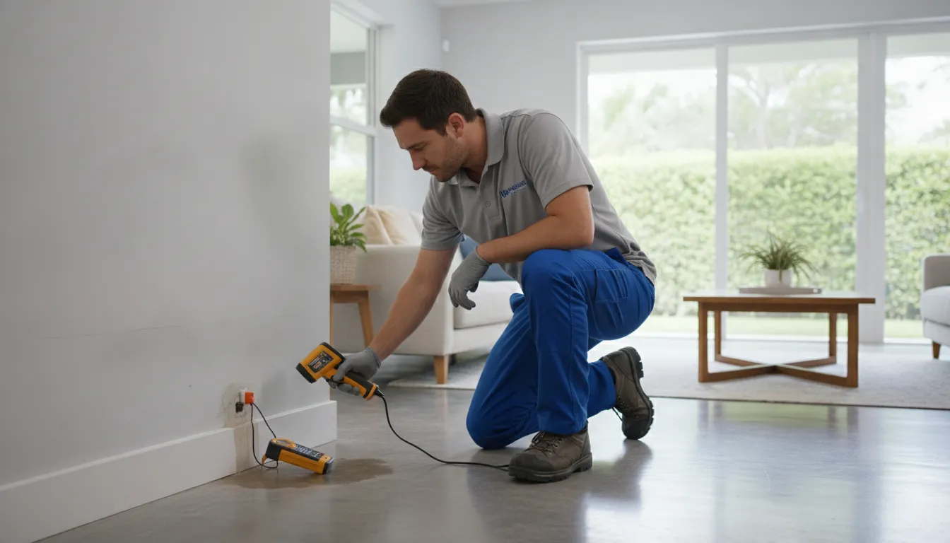 Plumber using leak detection equipment near a concrete floor in a Melbourne home