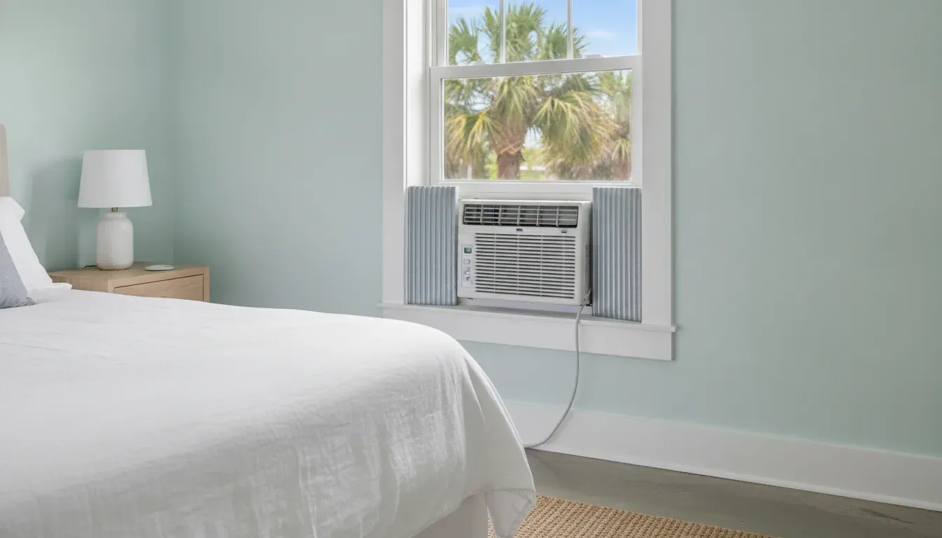 Compact window air conditioner installed in a bright Florida bedroom