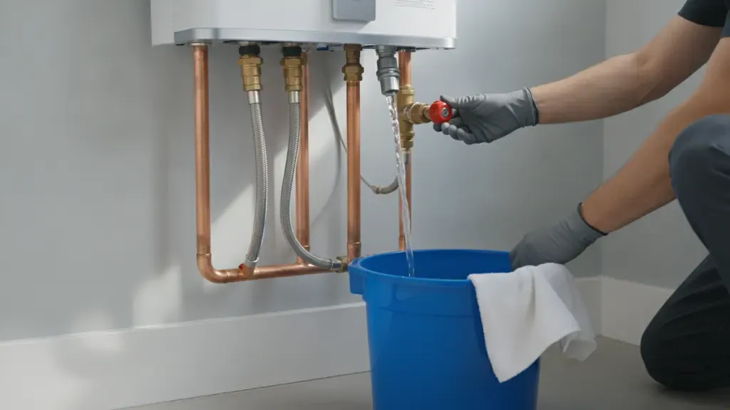 Plumber checking water connections below a tankless water heater