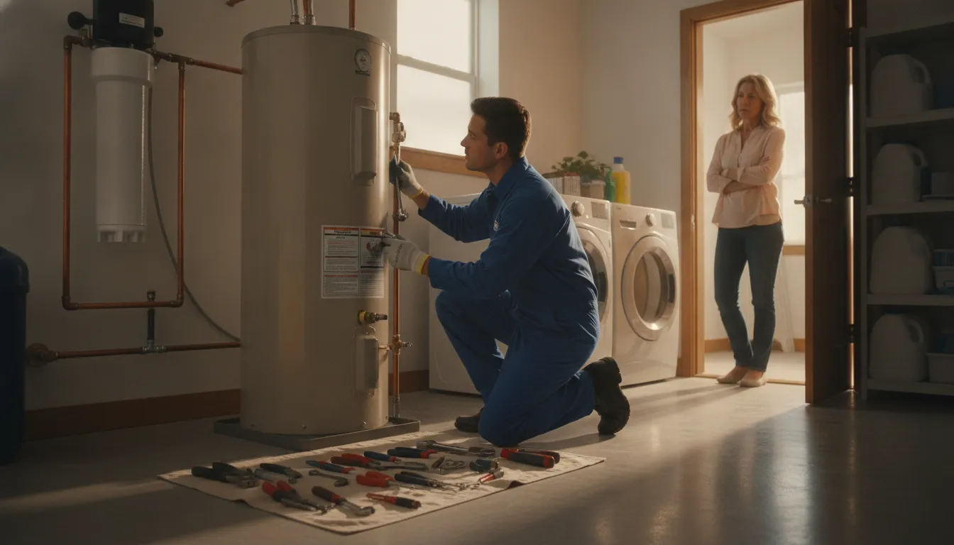 Plumber evaluating a residential water heater in a Florida utility room