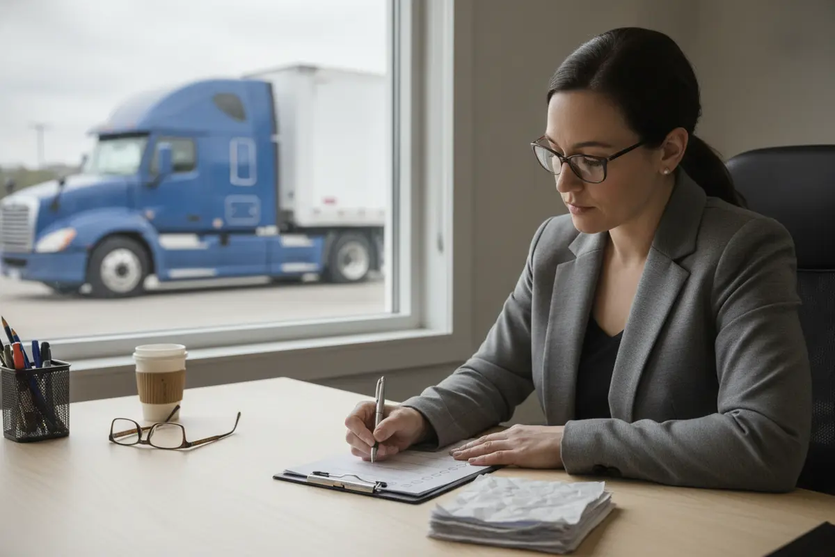 A reviewer comparing driver qualification documents with a commercial truck company record checklist