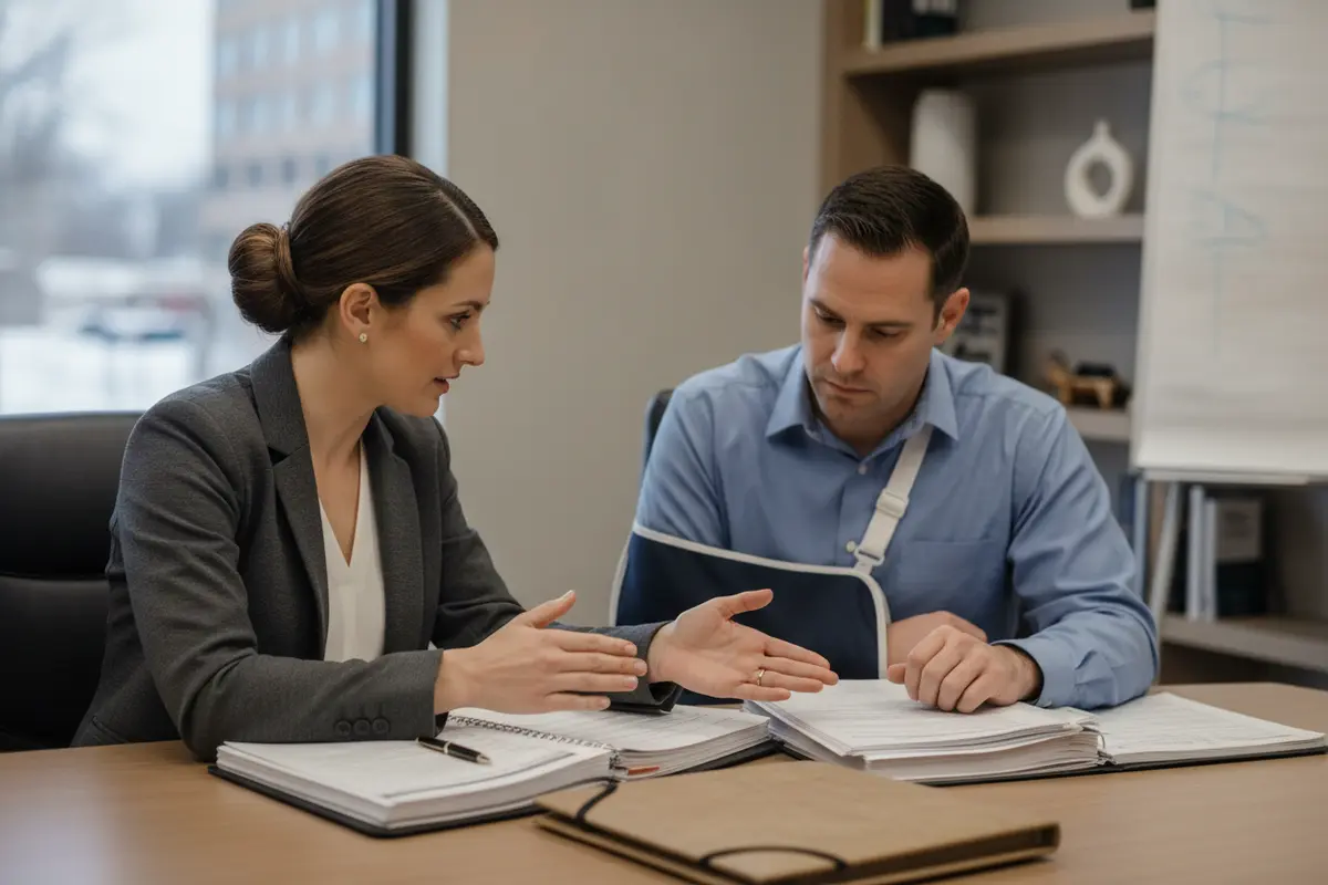 An attorney and client prepare case documents together before a personal injury trial